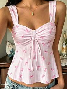 CovetEZ Casual Cute Minimalist Pink And White Striped Base Striped Bow Allover Print Pattern Drawstring Camisole Top, Suitable For Vacation, Spring/Summer - Multicolor - View 8