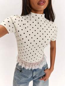 SHEIN BAE Vintage Minimalist Short Sleeve Contrast Lace Trim Commuter Versatile Women's Sweater - Beige - View 6
