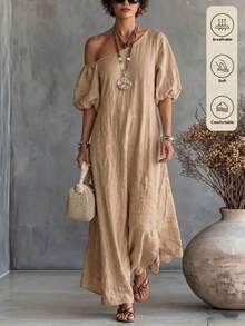 SHEIN Holidaya Boho Jamican Sexy Tropical Asymmetrical Shoulder Puff Short Sleeve Dress Vacation Khaki Green Summer - Khaki - View 5
