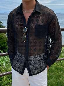 DAZY Spring/Summer Embroidered Mesh Pattern Long Sleeve Men's Shirt - Black - View 6