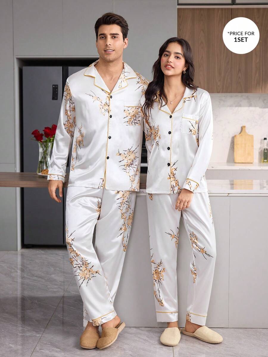 CoupledUp British Style Floral Print Satin Patch Pocket Front Button Long Sleeve Pants Men's Pajama Set Loungewear Set - White - View 1