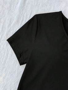 SHEIN Tween女孩粉色V領胸前抓褶蕾絲拼接短袖T恤 - 黑色 - 查看 4