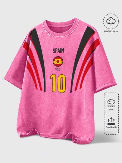 ROMWE MEN Street Life Men's World Cup France Football Jersey High Street Vintage Distressed Snow Wash Crew Neck T-Shirt Suitable For Casual Daily Wear Spring/Summer