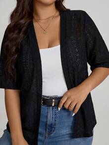 Comfylo Plus Size Women's Solid Color Casual Versatile Daily Wear Short Sleeve Cardigan - Black - View 5