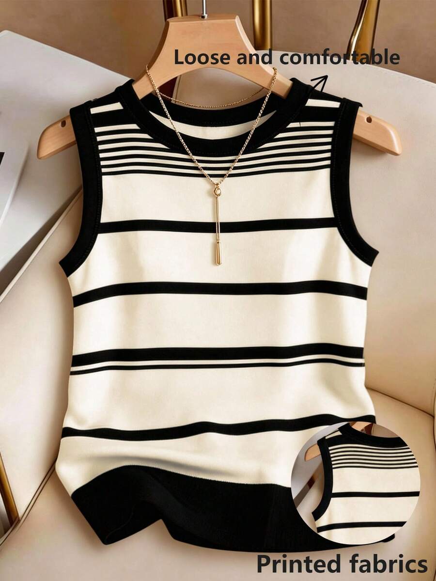 Franclia Plus Size Women's Summer Casual Vacation & Commute Colorblock Striped Print Fitted Comfortable Tank Top - Multicolor - View 1