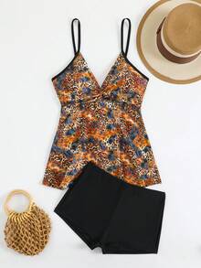 Swim Lushoire Conjunto de tankini de verano para playa con estampado de leopardo y diseño retorcido para mujer, estampado aleatorio - Negro - Ver 2