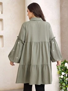 Veilorie Plus Size Women's Spring/Autumn Ruffle Pearl Decor Pleated Single-Breasted Blouse Fall - Olive Green - View 2