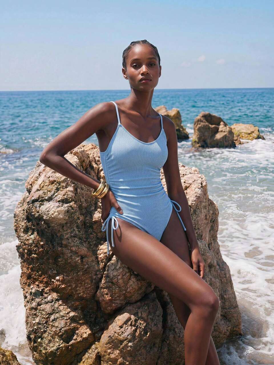 SHEIN Maija Women's Solid Color Ruched One-Piece Swimsuit, Suitable For Beach Vacation, Pool Party, Beach Party