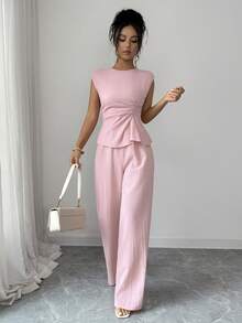 SHEIN Elenzya Women's Spring/Summer Elegant Casual Daily 2-Piece Set, Waist-Cinching Side-Gathered Top, Textured Soft Pink Wide-Leg Pants, Brunch Office - Pink - View 6