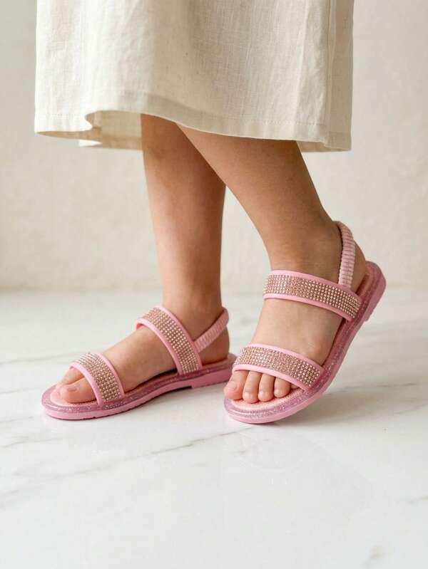 Sandalias para Niña con Brillos, Tiras con Pedrería, Elástico Trasero para Mejor Sujeción, Plantilla Cómoda, Calzado Ligero para Verano, Fácil de Poner