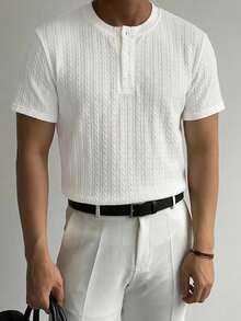 DAZY Men's Short Sleeve Round Neck Half-Button Solid Color T-Shirt, Summer - White - View 6