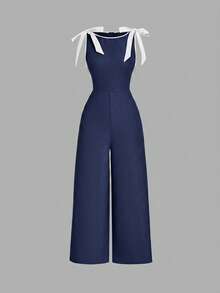 SHEIN Girlism Teen Girl Jumpsuit And Romper, Round Neck Sleeveless Navy Blue Jumpsuit, Contrast Trim, Bow Decor, Waist-Cinching Design, A-Line Skirt Hem - Vintage Court Style, Exuding Old Money Vibe, Suitable For Work, Back To School, Party, Holiday And Birthday Occasions. - Navy Blue - View 5