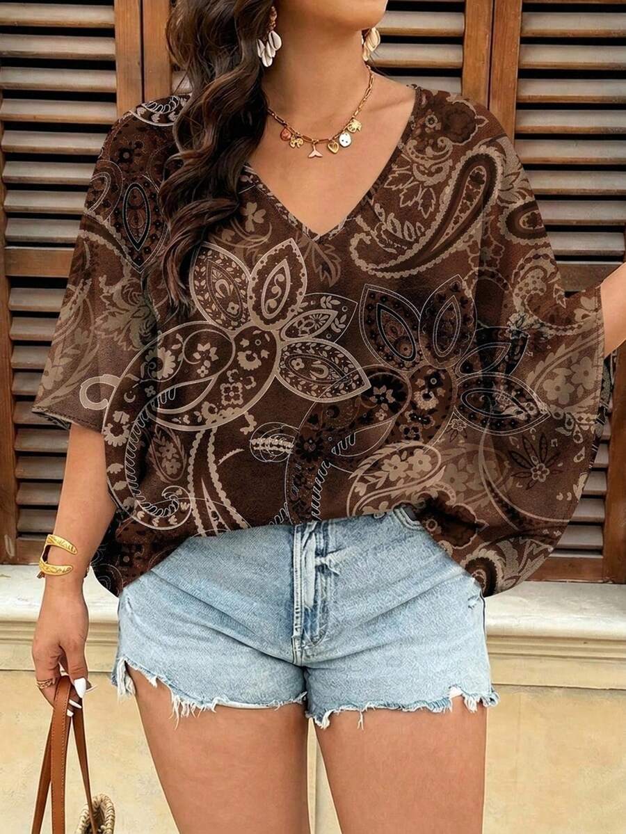 SHEIN VCAY Plus Size Women's V-Neck Blouse With Cashew Pattern, Suitable For Summer Vacation Fall - Brown - View 1