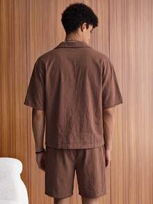 SWAVVY Men's Woven Fashion Casual Young Loose Short Sleeve Shirt And Elastic Waist Straight Leg Shorts 2 Pieces Set - Brown - View 6