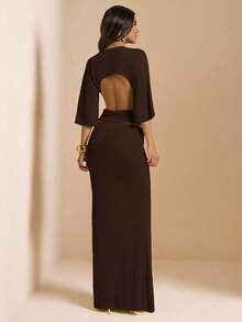 SHEIN BAE Women's Solid Color Backless Top Mermaid Skirt Elegant 2 Pieces Set Party Night Dark Brown Autumn - Coffee Brown - View 2