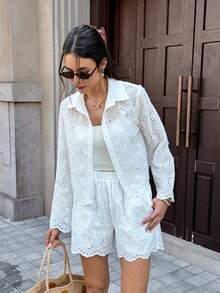 SHEIN Frenchy Elegant Two-Piece Set For Women's Vacation Wear: Embroidered, Openwork, Single-Breasted White Shirt And Shorts,White Shirt,Going Out Outfits - White - View 5