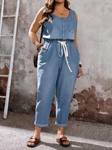 EMERY ROSE CURVE Women's Plus Size Light Blue Sleeveless Denim Jumpsuit,Summer Casual Hiking Outfit,Button Front Drawstring Waist Rolled Cuff Ankle Length Overalls - Blue - View 3