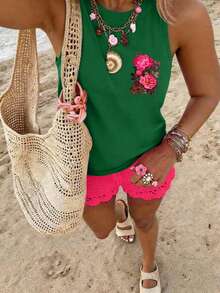 DrmWander Plus Size Women's Floral Print Round Neck Casual Tank Top - Green - View 2