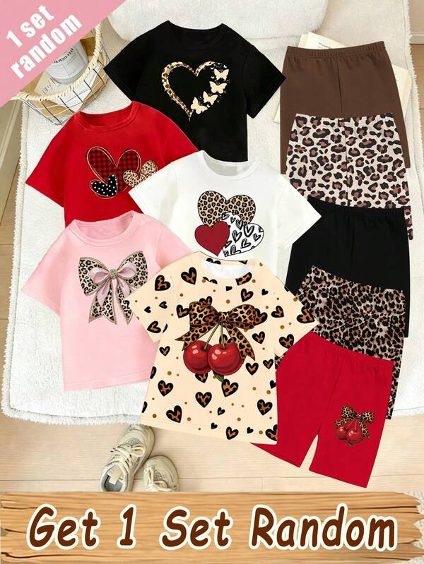 Conjunto casual básico de camiseta corta y shorts ciclistas para niña, 1 set enviado al azar, con estampado de leopardo, floral, corazón, cuadros, lunares, mariposa, glitter y lazo