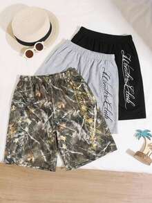 3pcs Kids Tween Boy Buy 1 Get 2 Set Casual College Comfortable Leaf Print Pattern Loose Knit Shorts, Black Shorts, Khaki Shorts, Camouflage Shorts, Cargo Pants, Y2k Set, Suitable For Spring And Summer, Outfits, Valentine's Day, Dates, Travel, Vacation, Family Gatherings, Back To School Season, Wedding Season, Dinner, Sports, Birthday Parties - Multicolor - View 3