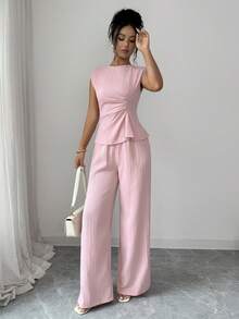 SHEIN Elenzya Women's Spring/Summer Elegant Casual Daily 2-Piece Set, Waist-Cinching Side-Gathered Top, Textured Soft Pink Wide-Leg Pants, Brunch Office - Pink - View 3