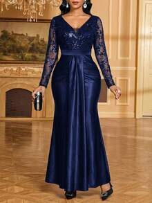 Fleurora Women's Elegant Party Sequin Embroidery Mesh Patchwork Fishtail Dress - Navy Blue - View 8