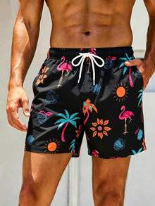 Manfinity Swimmode Plus Size Men's Colorful Printed Casual Beach Shorts, Holiday - Black - View 5