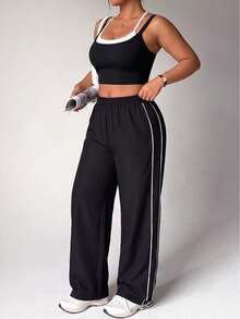 SHEIN Dewbera 2pcs Plus Size Women's Spring/Summer Sports Set, 2 In 1 Contrast Design, Spaghetti Straps, Back Cutout, Fitted Women's Sports Top And Straight Leg Pants, Woven Fabric, Side Contrast Stripe Patchwork, Loose Women's Sports Pants, Straight Leg Pants, Suitable For Daily Casual, Running, Yoga, Gym, Golf, Tennis - Black - View 3