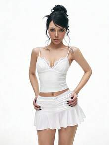 Sweetina 休閒性感可愛 Y2K 女孩蕾絲拼接細肩帶上衣 + 抓褶防走光裙 2 件套，適合外出、夜生活、海灘，米白色夏季款 - 白色 - 查看 8