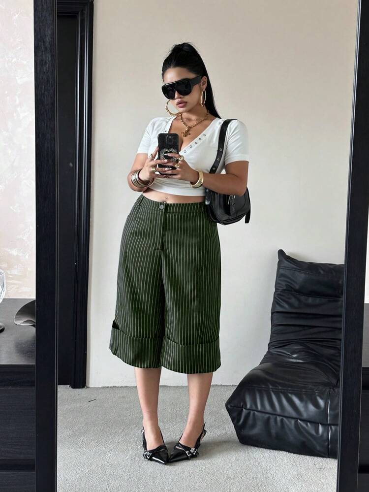 POPSWAY Spring, Summer, New Elegant Fashion Casual Design Rolled Hem Cropped High Waist Wide Leg Pants Women Loose Slimming Casual Pants Versatile Business Casual - Dark Green - View 7