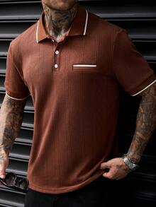 Manfinity CasualCool 男士對比飾邊休閒百搭日常外出短袖 Polo 衫，正式款 - 棕色 - 查看 8