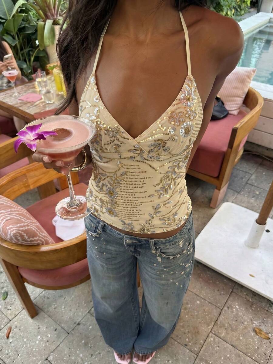 Glamine Women's Apricot Sequin Embroidered Spaghetti Strap Backless Tank Top, Fashionable Sexy Vacation Top, Sequin Embroidered Top - Apricot - View 1