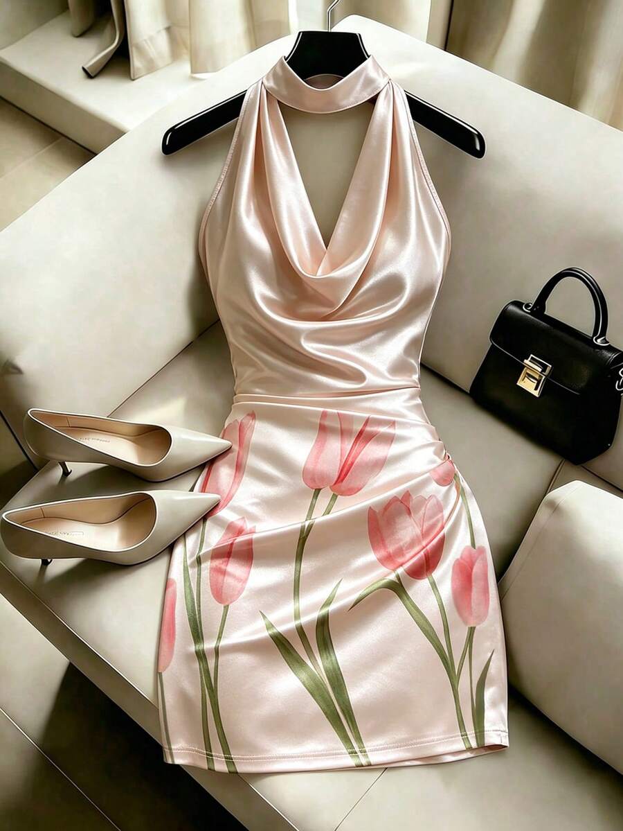 Franclia 時尚新款優雅垂領棕色洋裝,飾有荷葉邊領口設計,縮褶腰部修身顯瘦,性感優雅時尚,棕色貼身迷你洋裝 - 彩色 - 查看 1