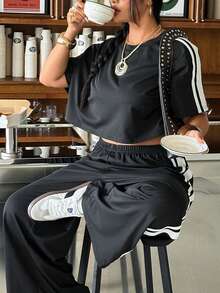 Muchica Plus Size Red Striped T-Shirt And Pants Casual 2 Pieces Set, Summer - Black - View 5