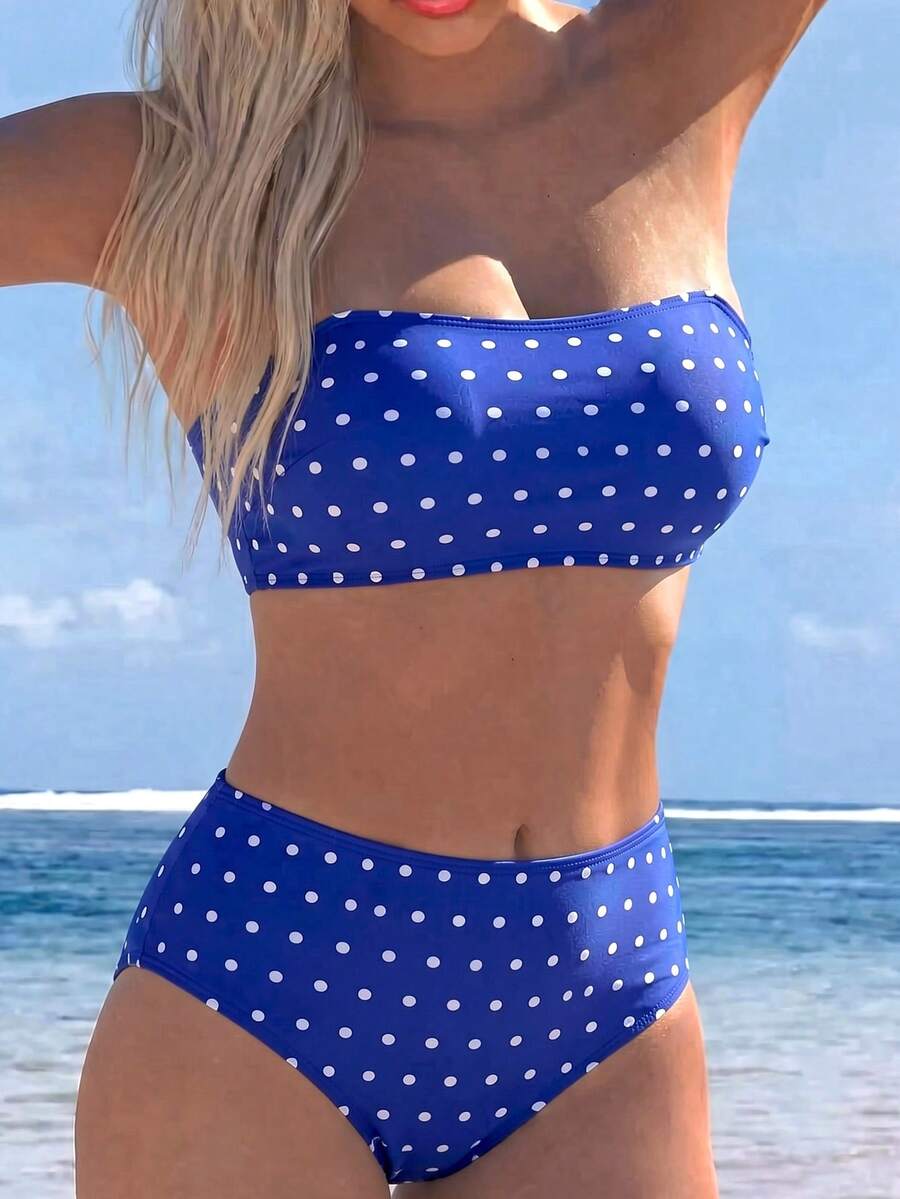 Swim Lushoire 女款夏季度假海灘藍白印花可拆式細肩帶抹胸高腰比基尼套裝 - 藍白色 - 查看 1