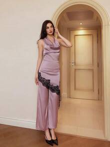 Modelyn Women's Lace Patchwork Cowl Neck Halter Tie Top Satin Loose Long Pants 2 Pieces Set Night Out Black And White Maroon Summer Sexy Elegant Club - Pink - View 7