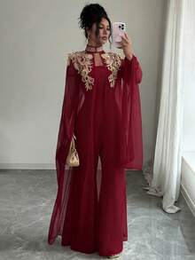 Elenzga 女士金色蕾丝边连体裤两件套 - 酒紅色 - 查看 5