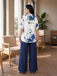 Auveirra 大码女式夏季时尚印花衬衫和裤子两件套 - 藏蓝色 - 查看 2