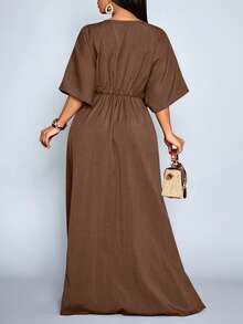 SOLERSUN Plus Size Spring Summer Women's Elegant Sexy Deep V Neck Solid Color Short Sleeve Fitted Waist Pleated Split Thigh Maxi Dress,Wedding Guest Party - Coffee Brown - View 3