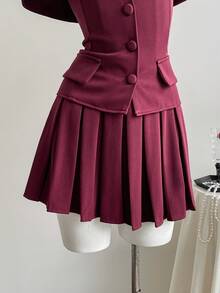 Elamini Conjunto de traje de blazer con top de hombros descubiertos y minifalda plisada para mujer, estilo commuter de verano - Burdeos - Ver 7