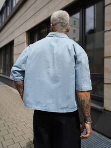 Artur Kramer 男士休闲街头风条纹刺绣蓝色牛仔短袖衬衫 - 淺色水洗藍 - 查看 2
