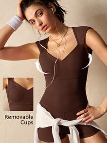 VARSIVA Mono deportivo casual de uso diario para mujer, color liso, sin espalda - Marrón - Ver 2