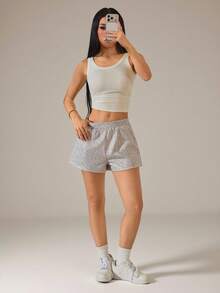 SHEIN PETITE 女款休閒復古迷彩豹紋中腰寬鬆短褲，飄逸短褲，開學必備單品，適合日常通勤、約會、聚會、秋冬夏季、聖誕節、新年、感恩節、派對、婚禮、海灘、畢業典禮，時尚優雅休閒，適合出遊、約會、預約、通勤，亮面，情人節，優雅度假，Y2K風格，出遊、畢業典禮等 - 彩色 - 查看 4