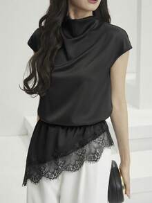 Heiryn Women's Solid Color Stand Collar Asymmetric Hem Contrast Lace Casual Elegant Blouse Office Black Summer - Black - View 8