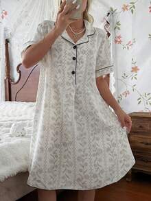 CottageSlumber Gaun Tidur Wanita Ukuran Standar Motif Garis-Garis dan Bunga Lengan Pendek, Gaya Romantis, Pakaian Rumahan yang Nyaman, Musim Semi/Panas - Aprikot - View 6