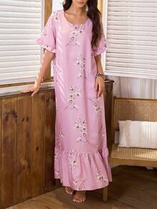 Serenescape Bubble Crinkled Ruffle Patchwork Floral Print Long Nightgown - Pink - View 3