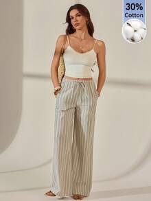 SHEIN Tall White Sequin Wide Leg Casual Boho Pants For Vacation, Tall Women Vacation Autumn - Khaki - View 7