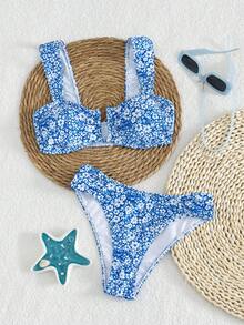 Swim Mod 女款夏季清新藍色配白色花卉印花寬肩帶U領高腰顯瘦海灘度假甜美柔美比基尼套裝 - 彩色 - 查看 4