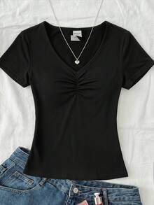 SHEIN Tween女孩粉色V領胸前抓褶蕾絲拼接短袖T恤 - 黑色 - 查看 1