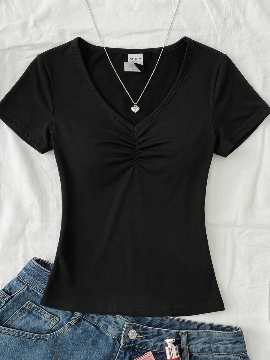 SHEIN Tween女孩粉色V領胸前抓褶蕾絲拼接短袖T恤 - 黑色 - 查看 1